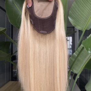8×8 inch silk base hair topper with 4×4 front & wefted back – blonde with ash roots, wavy russian hair (copy)